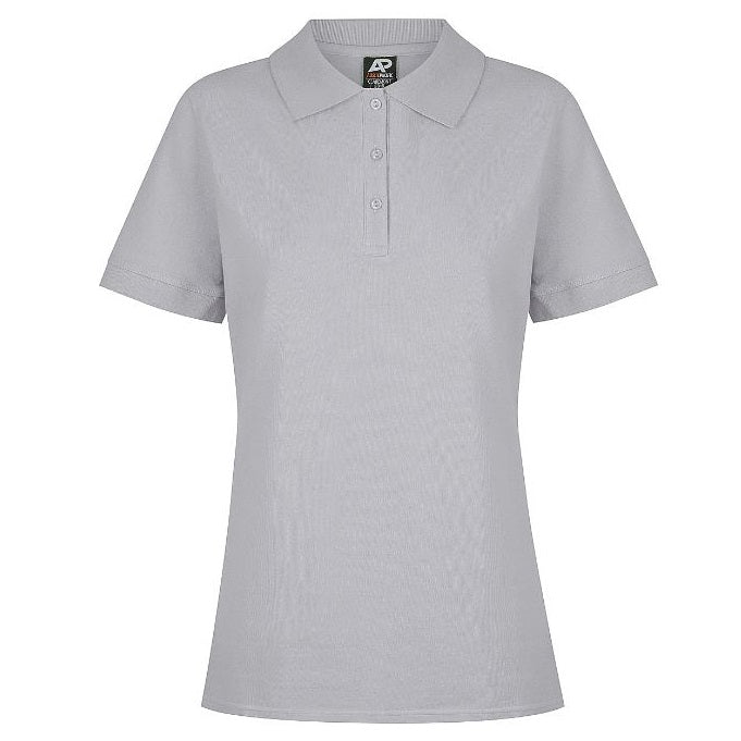 Womens Silver grey modern shaped fit knitted collar side vents curved hem cotton pique polo, ladies work shirt, comfortable polo, teamwear, branded workwear