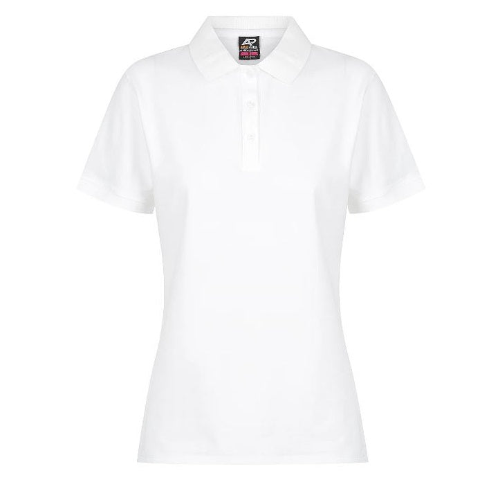 Womens White breathable moisture wicking Staff uniform, hospitality uniform, business polo, club apparel polo shirt with side vents.