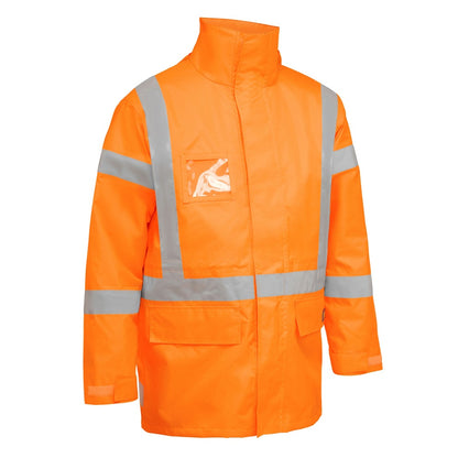 Orange safety jacket with reflective stripes on a white background