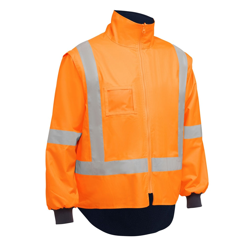 Orange safety jacket with reflective stripes on a white background