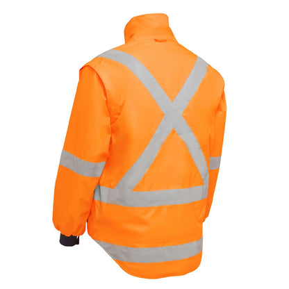 Orange safety jacket with reflective stripes on a white background