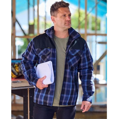 Bisley BJ6703 Contrast Check Zip Front Hoodie - Men's flannel blue jacket with chest pockets