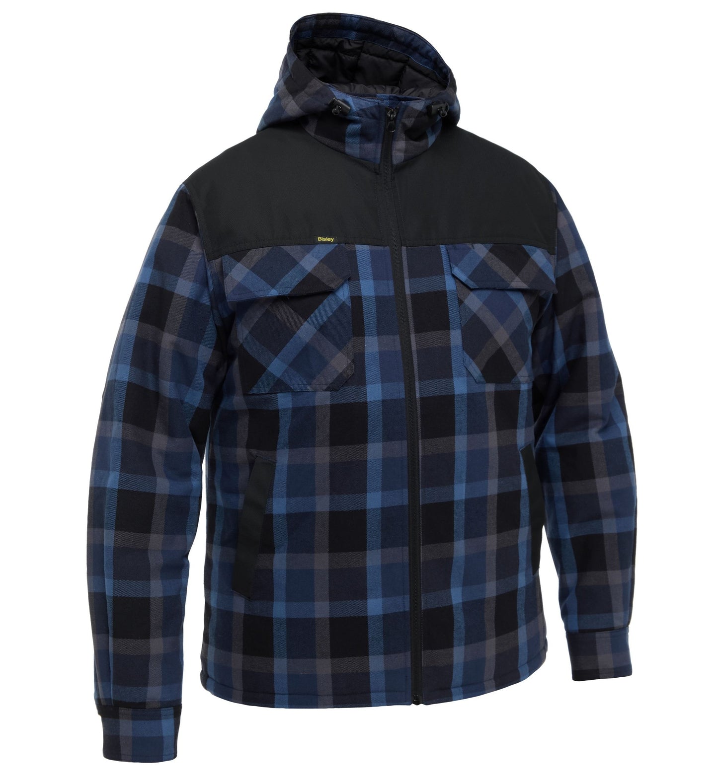 Bisley BJ6703 Contrast Check Zip Front Hoodie - Men's flannel checkered blue jacket