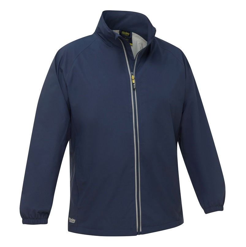 Navy blue jacket with a zipper on a white background