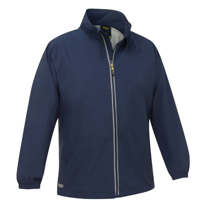 Navy blue jacket with a zipper on a white background
