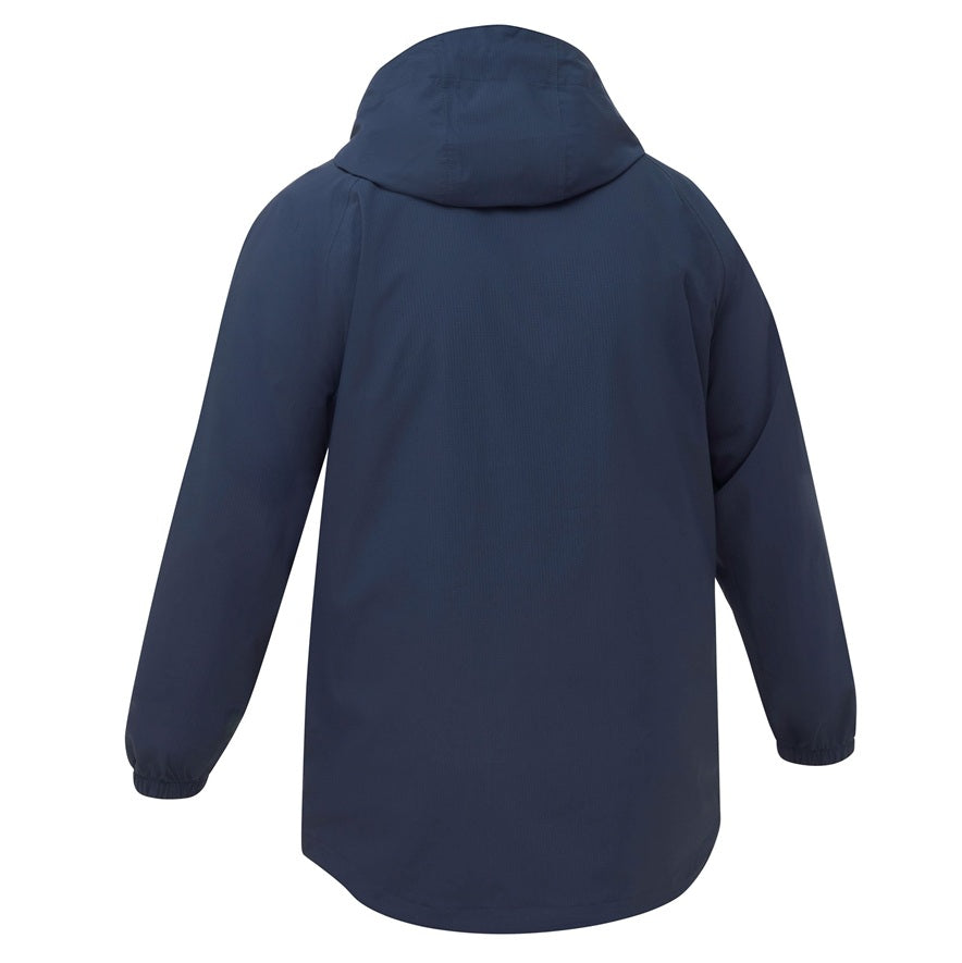 Navy blue jacket with a hood on a white background