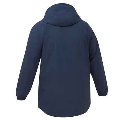 Navy blue jacket with a hood on a white background