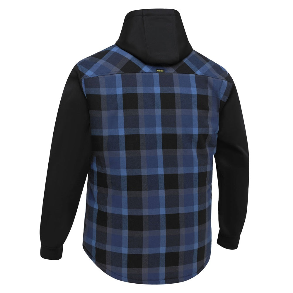 Black and blue plaid shirt with black hood on a white background