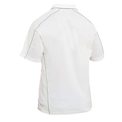 White polo shirt with a small logo on the chest against a white background
