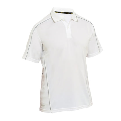 White polo shirt with black accents on a white background