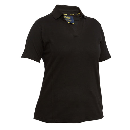 A black BKL1202 Bisley women's short sleeve polo shirt with a knit ribbed collar and button-free V-neckline.