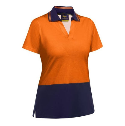 Orange and navy polo shirt with a visible brand label on a white background