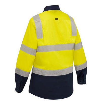 Back view of a high-visibility work shirt with reflective stripes on a white background