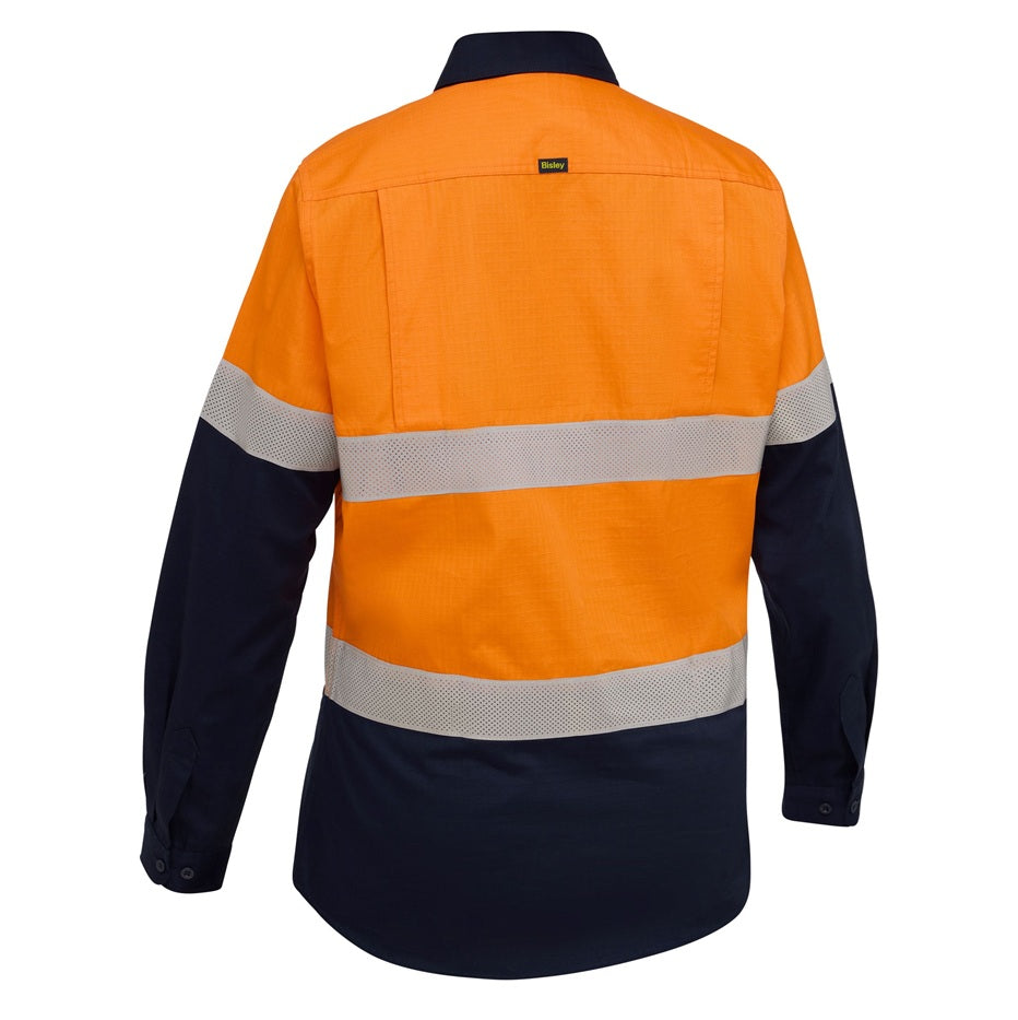 Orange and navy work shirt with reflective stripes on a white background
