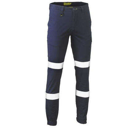 Navy road work pants with reflective stripes on a white background