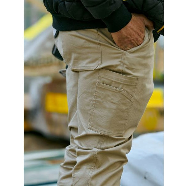 Beige cargo pants with a blurred background