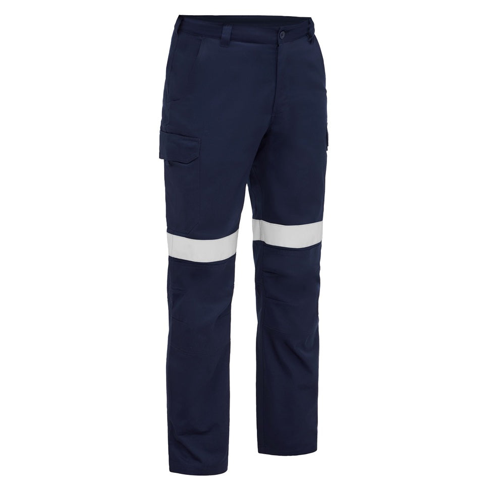 Navy work pants with reflective stripes on a white background