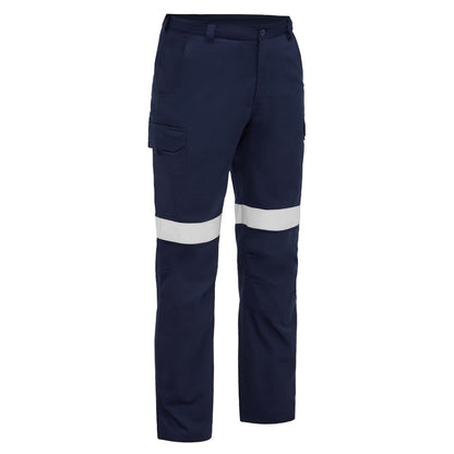 Navy work pants with reflective stripes on a white background