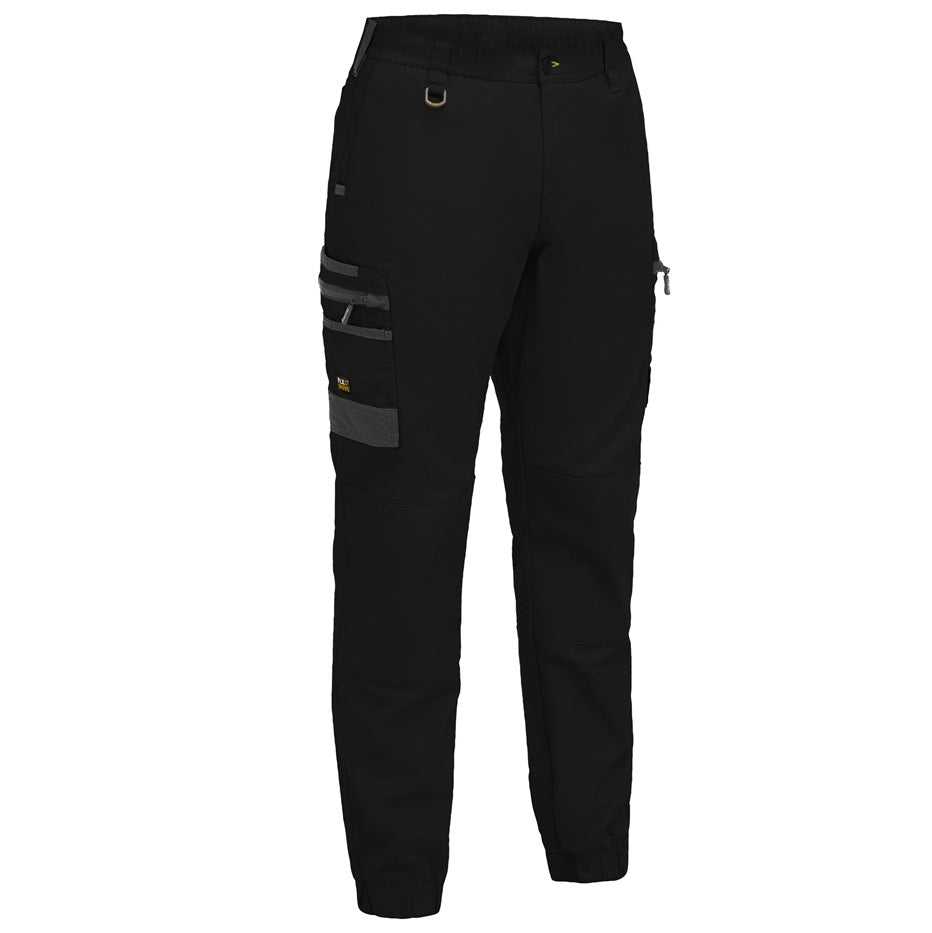 Black work pants with multiple pockets on a white background