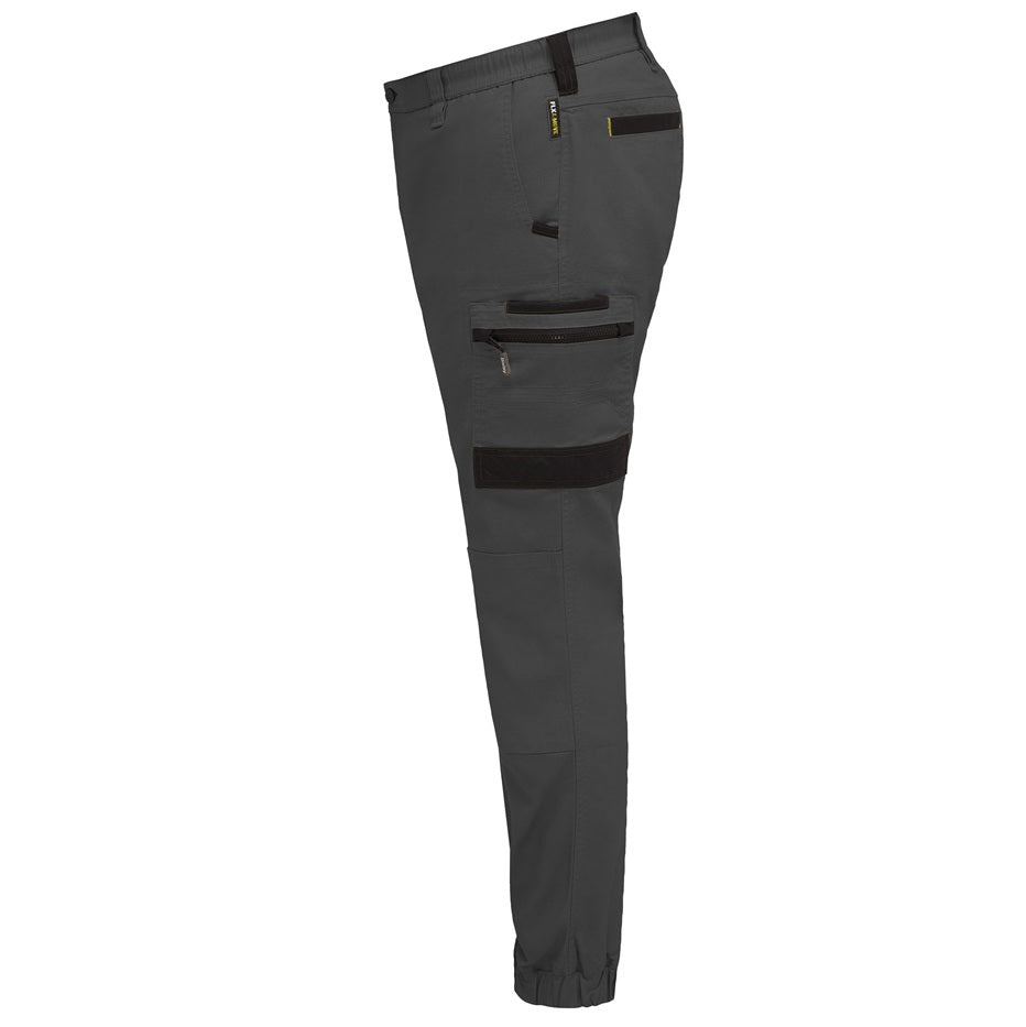 Gray hiking pants with multiple pockets on a white background