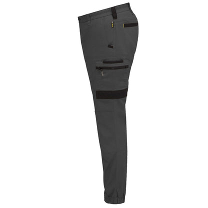 Gray hiking pants with multiple pockets on a white background