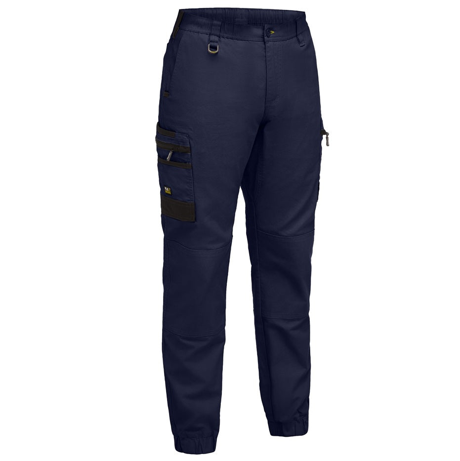 Dark gray pants with black patches on a white background