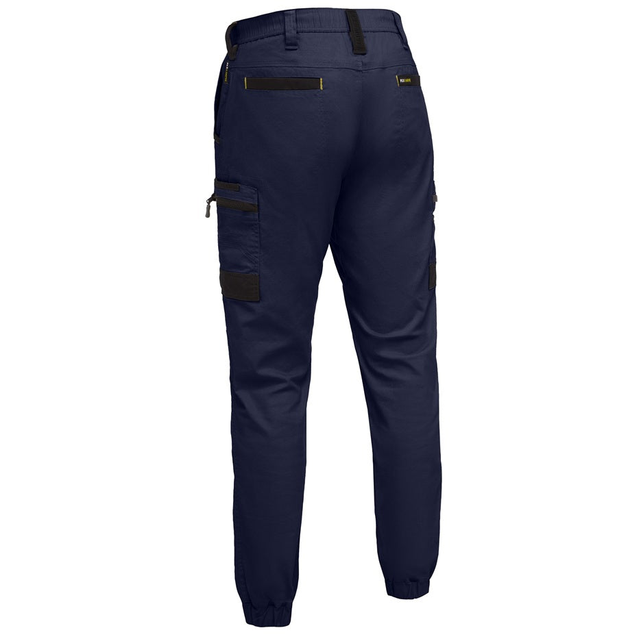 Navy blue pants with black zippers and pockets on a white background