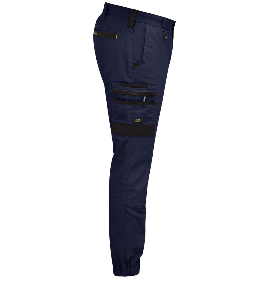 Navy blue pants with black zippers on a white background