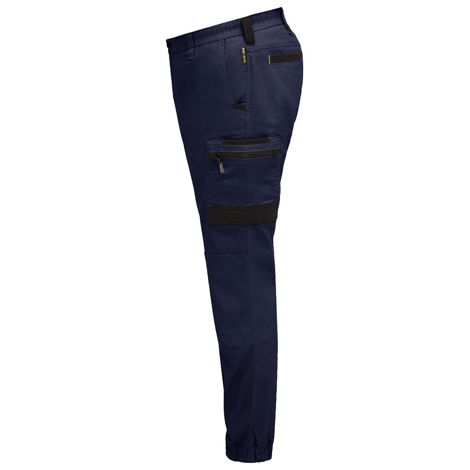 Navy blue pants with zippers on a white background