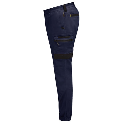 Navy blue pants with zippers on a white background