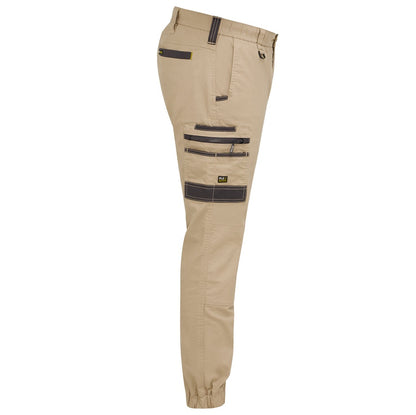 Beige pants with black zippers and pockets on a white background