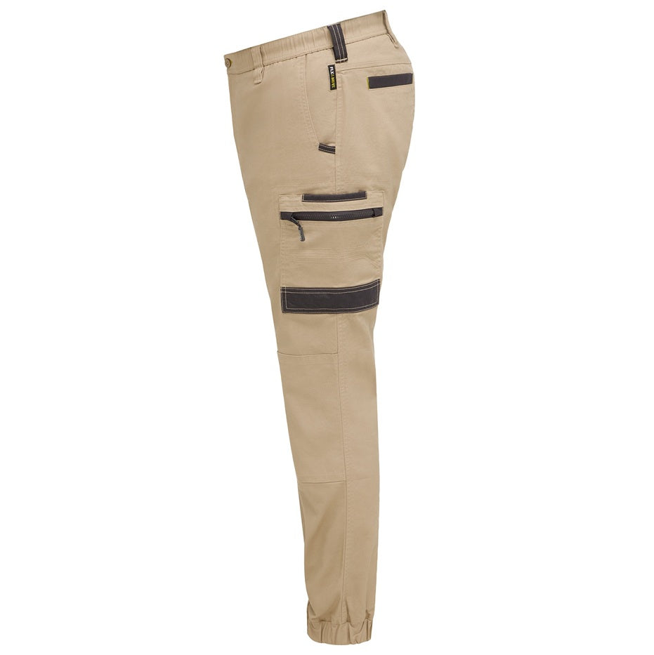 Beige pants with black zippers and accents on a white background