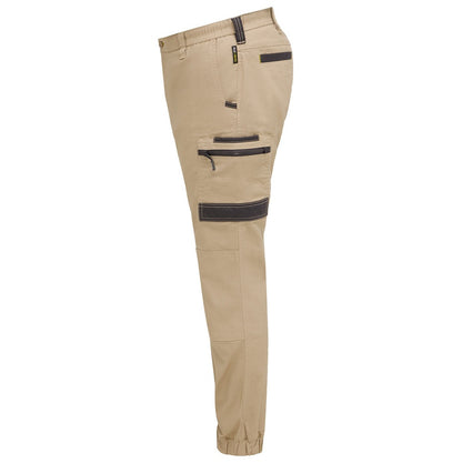 Beige pants with black zippers and accents on a white background