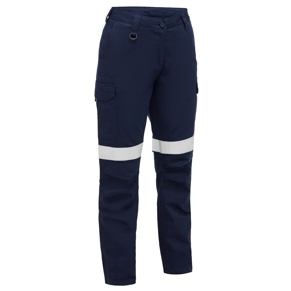 Navy work pants with reflective stripes on a white background