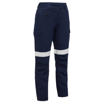 Navy work pants with reflective stripes on a white background
