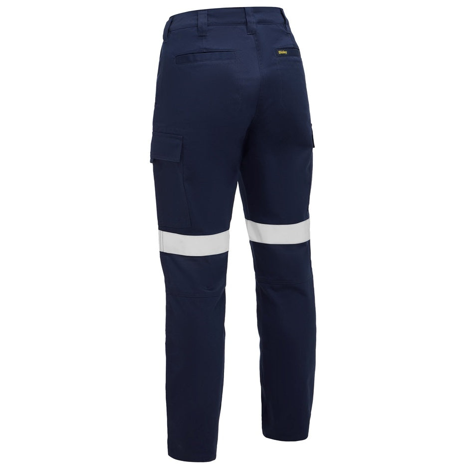 Navy work pants with reflective stripes on a white background