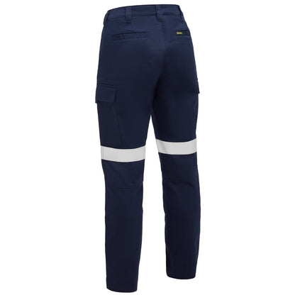 Navy work pants with reflective stripes on a white background
