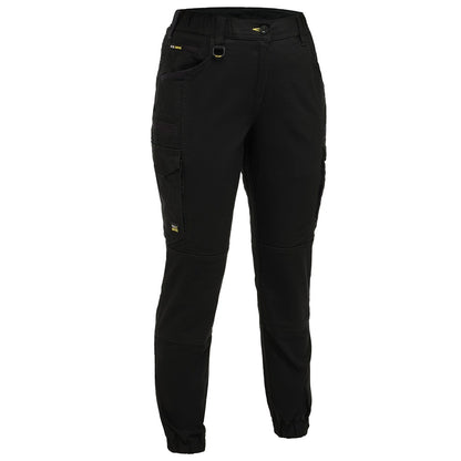 Black pants with visible branding on a white background