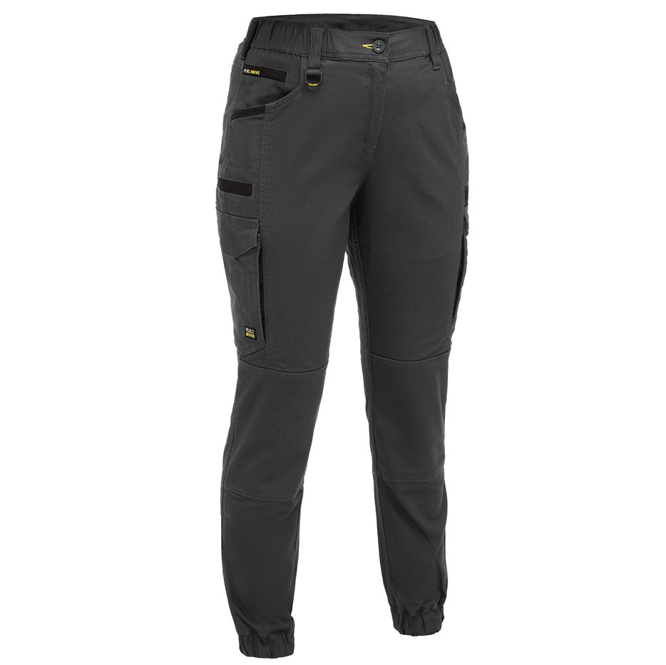 Black cargo pants with multiple pockets on a white background