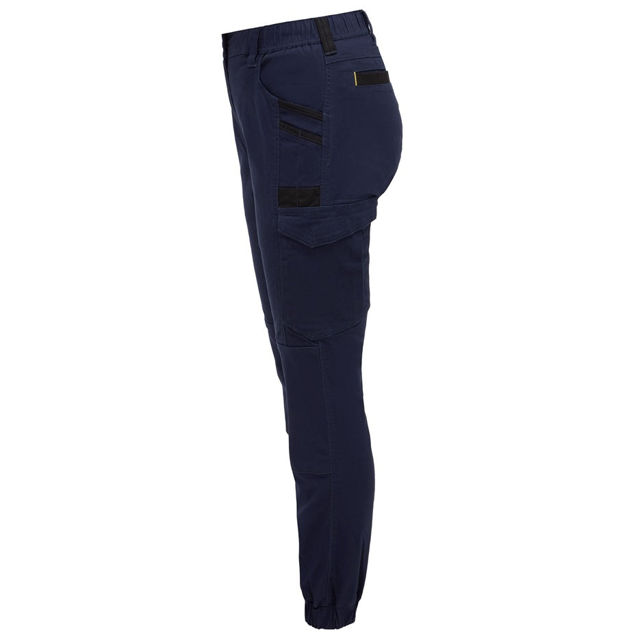 Navy blue pants with multiple pockets on a white background