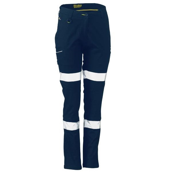 Women's Navy work pants with reflective white stripes on a white background