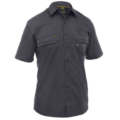 Dark gray short-sleeve shirt with two front pockets on a white background work shirt