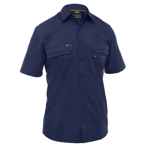 Navy blue short-sleeve shirt with two front pockets on a white background