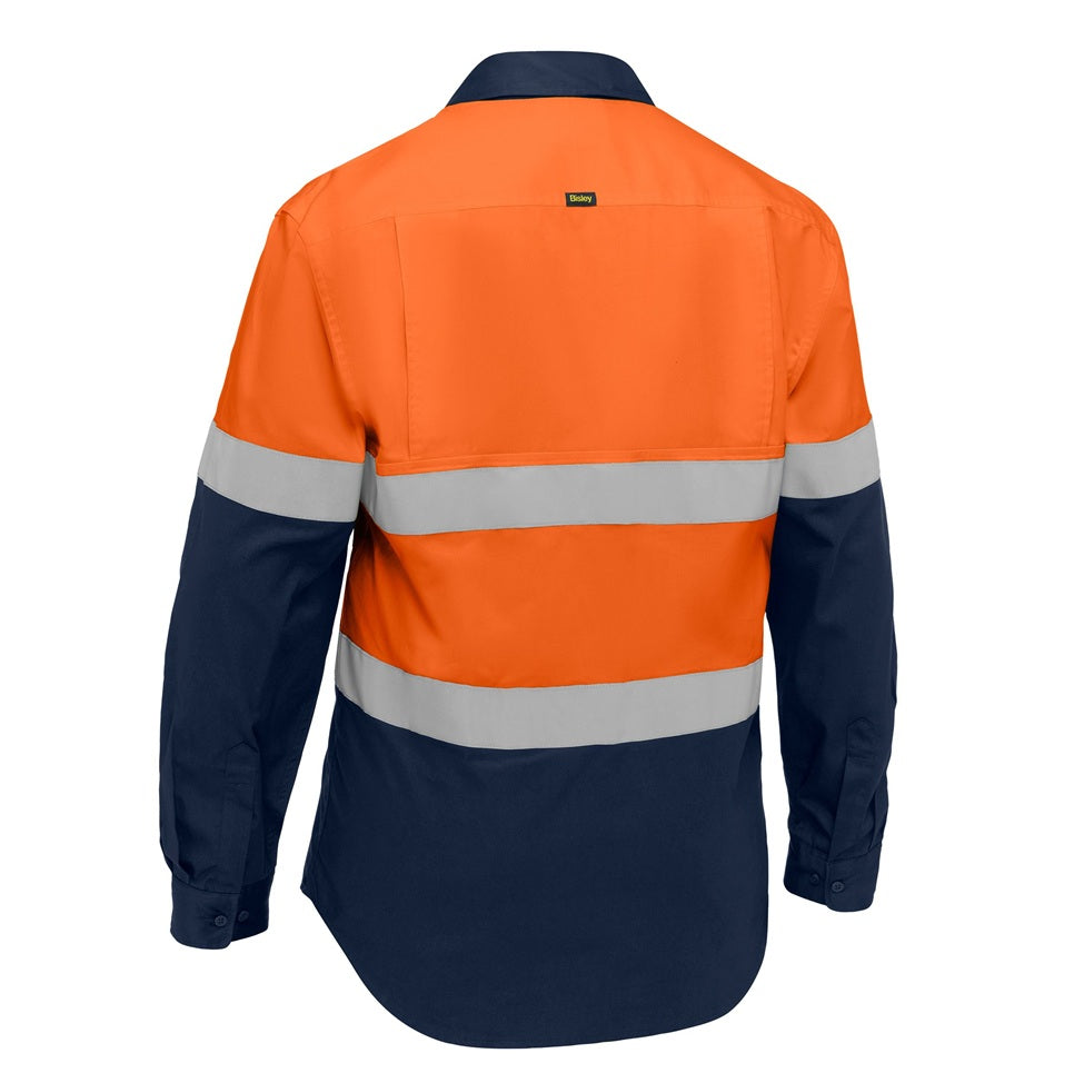 Orange and navy work shirt with reflective stripes on a white background