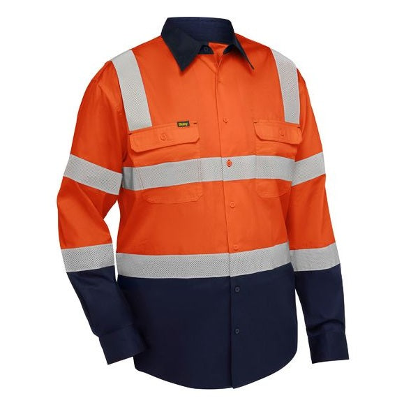 Orange and navy work shirt with reflective stripes on a white background