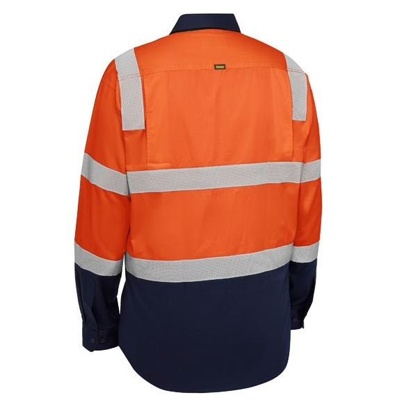 Orange and navy work shirt with reflective stripes on a white background