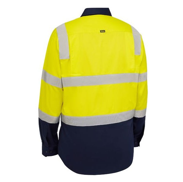 Back view of a high-visibility yellow and navy work shirt with reflective stripes on a white background.