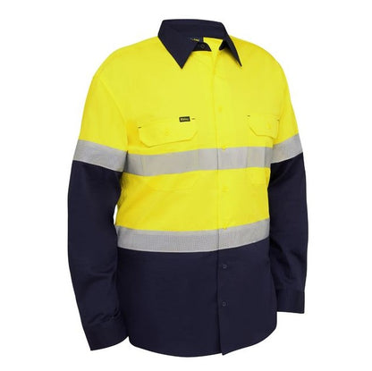 Yellow and navy work shirt with reflective stripes on a white background