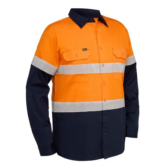 Orange and navy work shirt with reflective stripes on a white background