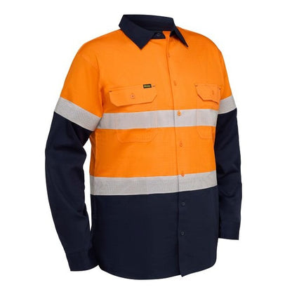 Orange and navy work shirt with reflective stripes on a white background